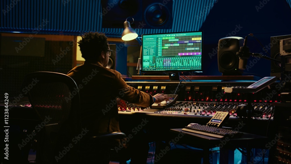 Poster Tracking engineer working on a new album and recording hit song, handling mixing console with moving faders and colored meters. Skilled sound designer pushing sliders and levers. Camera B.