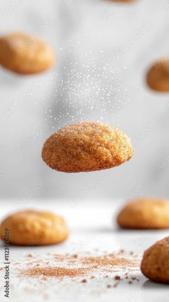 Poster a single sugar cookie floats in mid-air, dusted with powdered sugar, while others rest on a white ma