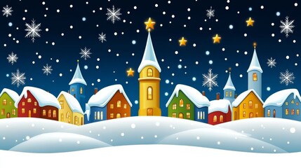 Fototapeta premium A snowy village with snow falling and stars shining.