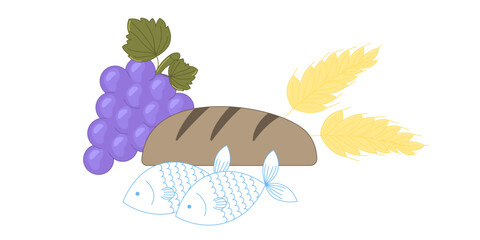 Naklejka premium Grapes Bread Wheat Ears and Fish Religious Symbolism Vector Illustration