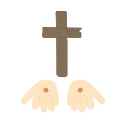 Hands of Christ with Stigmata and Wooden Cross Vector Illustration