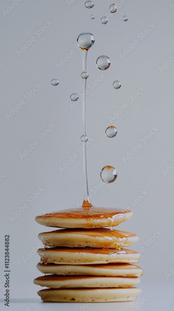 Poster a stack of golden pancakes topped with a stream of maple syrup and surrounded by floating droplets.