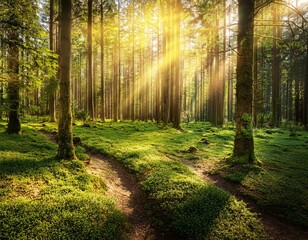 Fototapeta premium Silent Forest in spring with beautiful bright sun rays