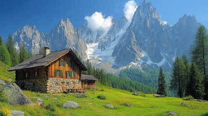 Fototapeta premium A serene mountain landscape featuring a rustic cabin surrounded by lush greenery and towering peaks.