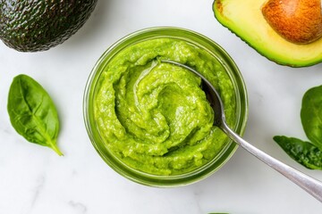 Delicious Green Avocado Spinach Spread in a Glass Jar Surrounded by Fresh Ingredients