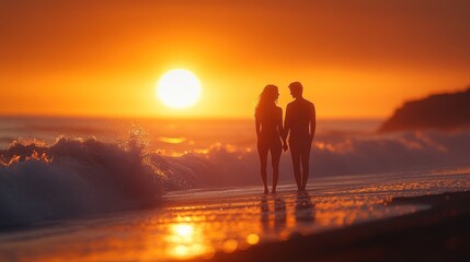 Fototapeta premium Silhouetted couple walking on the beach at sunset.