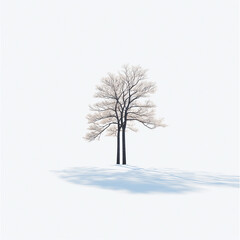 Fototapeta premium Minimalist snow-covered landscape featuring a single bare tree standing in pristine white snow under soft sunlight, symbolizing solitude and serenity.