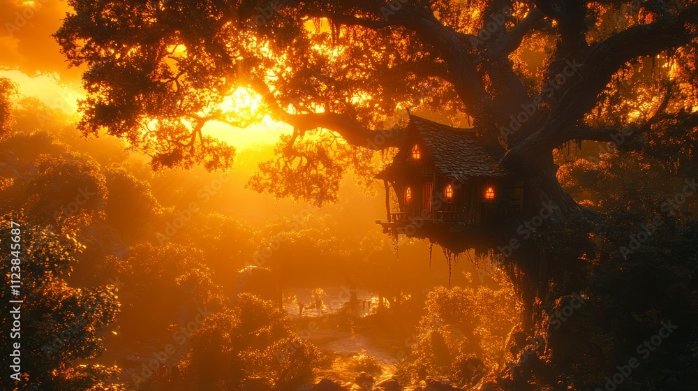 Poster a treehouse nestled in the branches of a large tree, with the setting sun casting a warm glow on the