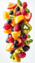 Obraz premium A vibrant mix of fresh fruit, including mango, kiwi, blueberries, raspberries, and strawberries, falling against a white background.