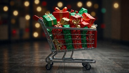 Shopping cart filled with Christmas gifts. Winter holidays idea. Minimal Christmas and New Year celebration concept. With copy space.