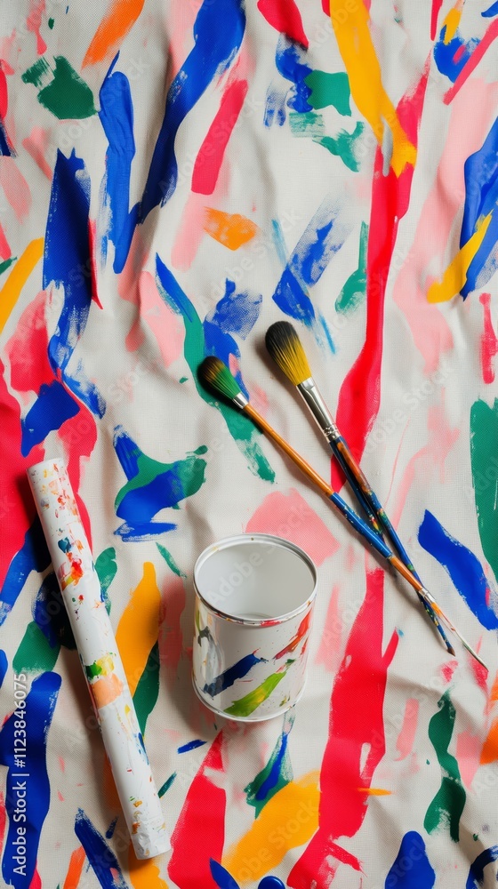 Poster a white canvas is covered with abstract brushstrokes in various colors. two paintbrushes and a can o