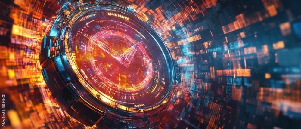 Poster futuristic clock interface: abstract digital time and technology background