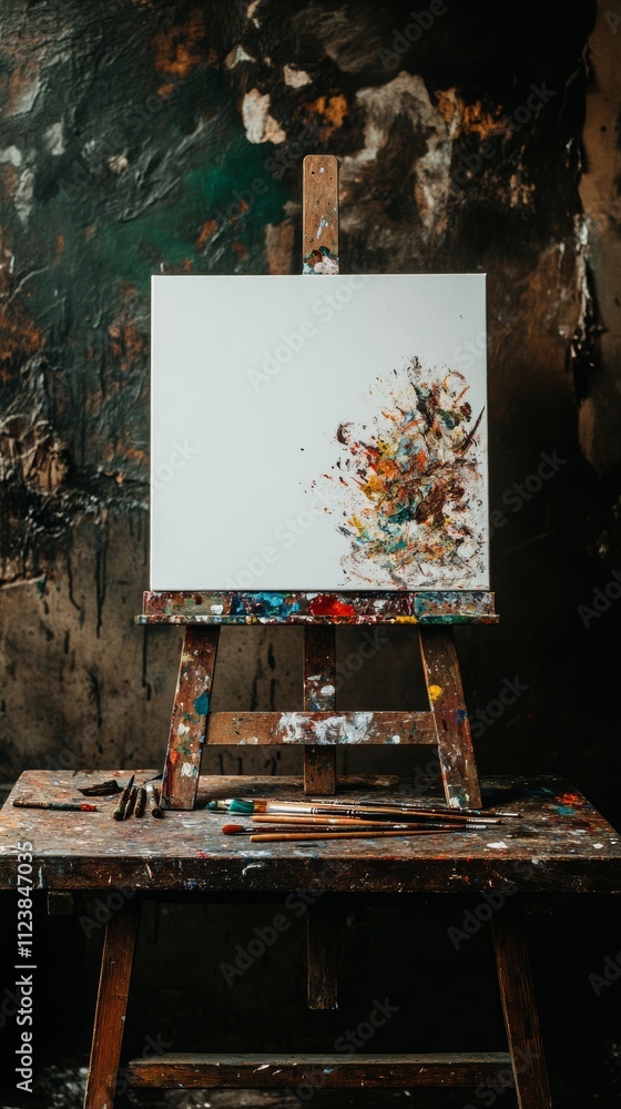 Poster a wooden easel with a blank canvas and paint splatters on it, set up in a studio with paint splatter