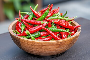 Vibrant Collection of Red and Green Chili Peppers in a Rustic Wooden Bowl Perfect for Culinary Delights
