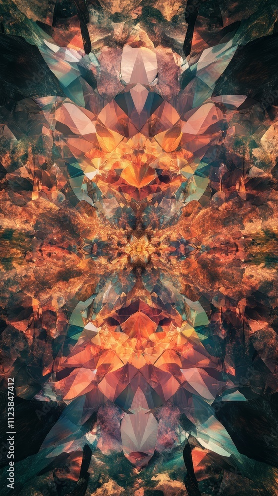 Poster abstract symmetrical pattern with sharp, angular shapes in warm colors.