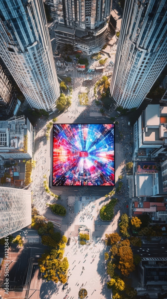 Poster aerial view of a city square with a large digital billboard displaying a vibrant image.