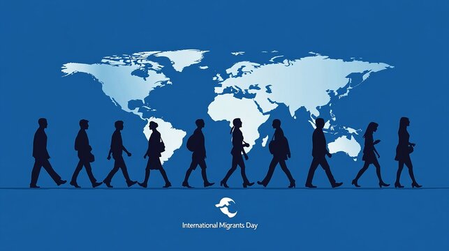 Silhouettes of People Walking Along a World Map, Highlighting Global Migration for International Migrants Day - Powered by Adobe