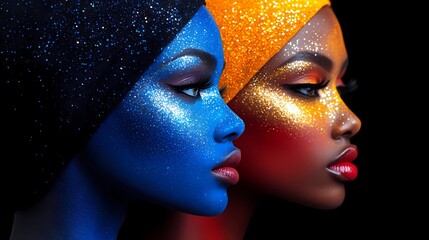 Vibrant hues and radiant expressions capture the essence of beauty in a close-up portrait of three women