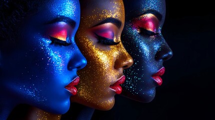 Close profile view of three women adorned in vibrant colors, showcasing artistic expression and beauty in a striking composition