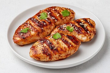 Deliciously Grilled Chicken Breast Garnished with Sesame and Fresh Cilantro on a Plate