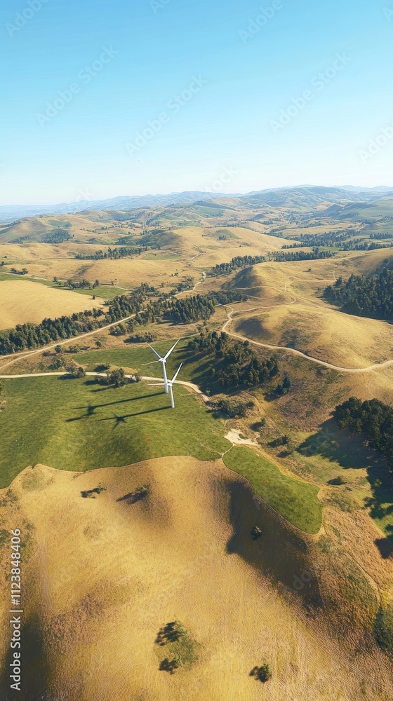 Poster aerial view of two wind turbines in a field of rolling hills.