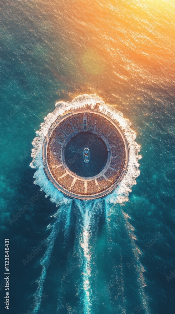 Aufkleber an aerial view of a boat creating a circular wake in the ocean. the boat is in the center of the cir