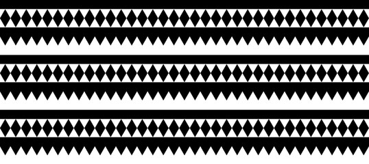 Black and white tribal-inspired pattern with geometric diamonds and triangles in horizontal lines. Illustration