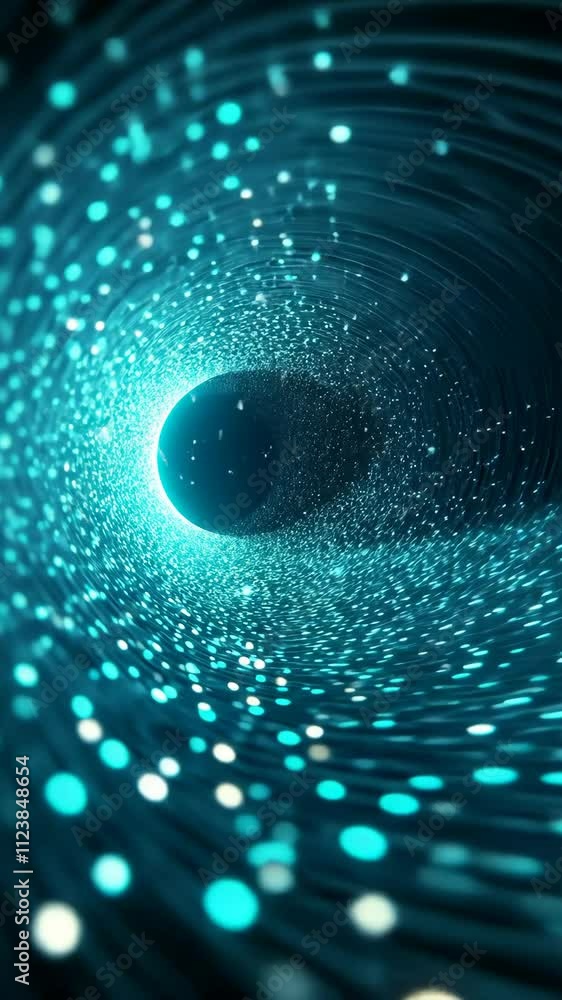 Poster vivid swirling tunnel of light with vibrant blue particles creating a mesmerizing effect at the cent