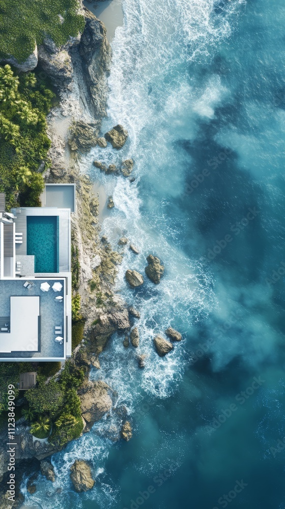 Poster an aerial view of a modern house with a pool located on a cliff overlooking the turquoise ocean with