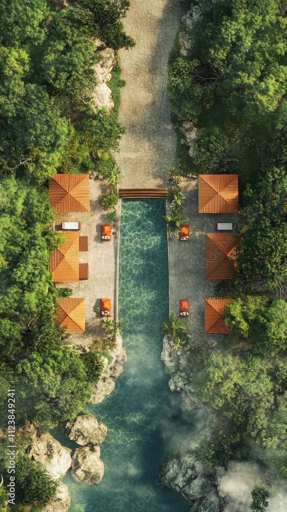 Poster an aerial view of a resort pool with surrounding lush greenery.