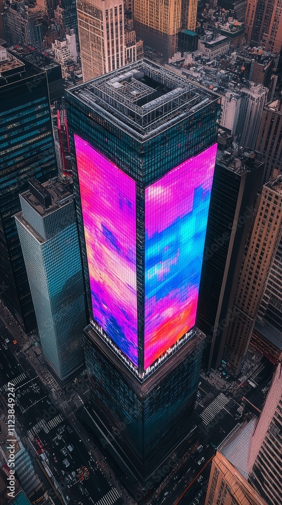Poster An aerial view of a skyscraper with a large digital billboard displaying a colorful abstract design in a cityscape.
