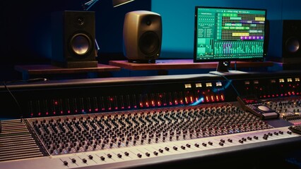 Empty professional studio with control desk mixer and audio recording software on pc, music production. Soundproof control room equipped with switchers buttons, sliders and pre amp knobs.