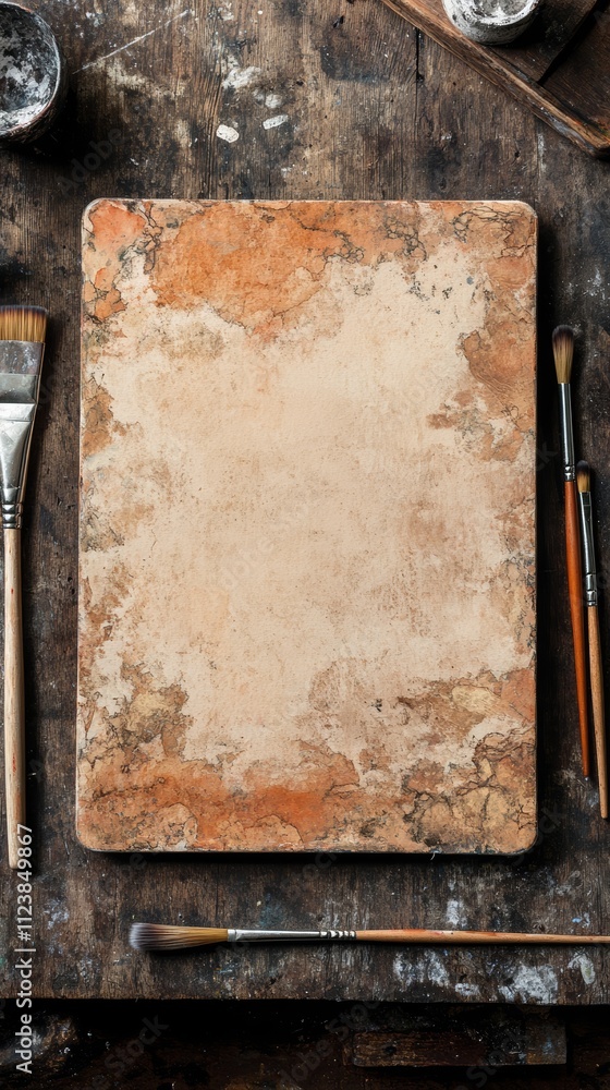 Poster an overhead view of a rustic wooden table with an empty artist's palette and paintbrushes, with a fe