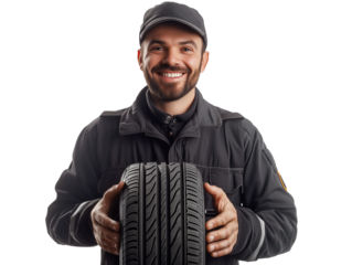 Mechanic proudly displays a new tire while wearing work attire in a bright setting
