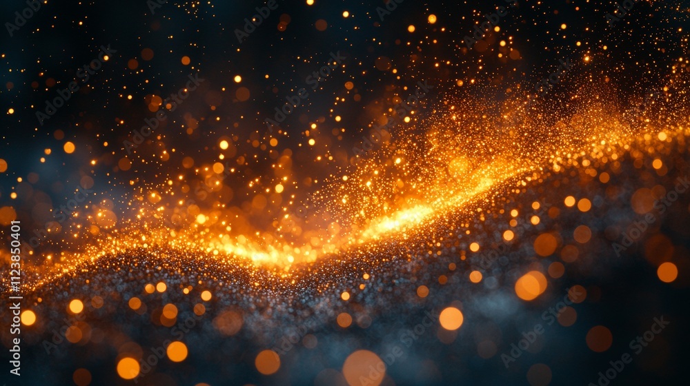 Poster golden sparkles forming a dynamic wave on a dark background