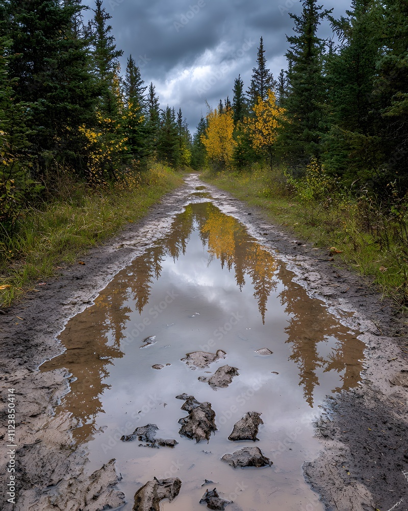 Aufkleber a muddy path reflecting trees under a cloudy sky in a serene natural setting.