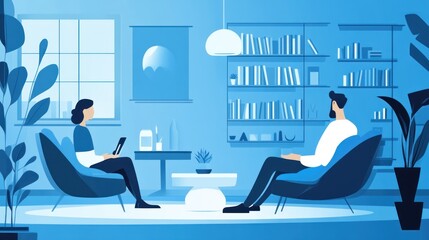 Obraz premium Two people talking in a blue-toned room.