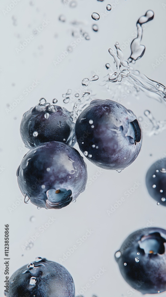Poster blueberries splashing in water, creating a refreshing and vibrant image.