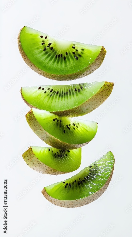 Aufkleber five slices of kiwi fruit arranged in a stack, floating against a white background.