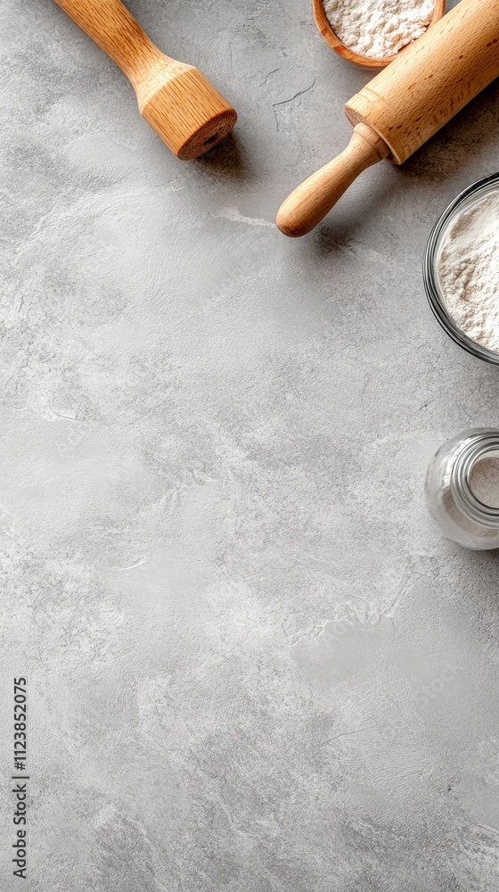 Poster flat lay of ingredients and tools for baking bread on a gray background with copy space.