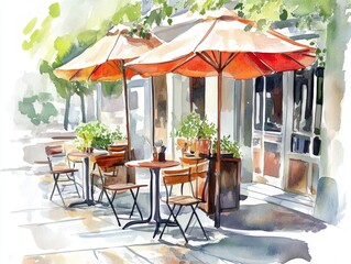 Obraz premium Watercolor painting of cafe patio, tables, chairs, umbrellas.