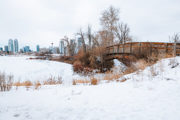 Fototapeta premium Snowy view of Calgary downtown on a cold winter day