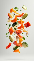 Obraz premium Fresh bell peppers, zucchini, peas, garlic, and peppercorns falling against a white background.