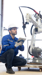 Male engineers checking or maintenance electronic in AI or artificial intelligence Robot, robot arm in the manufacturing automation and robotics manufacture room. Service technical engineer.