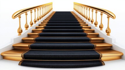 elegant royal staircase, golden and black color theme, opulent blue details, grand castle interior, majestic setting, isolated on white background