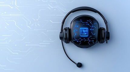 Minimalist AI Call Center Robot Providing Tech Support on Light Gray Background