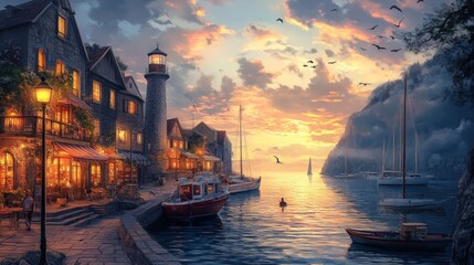 Fototapeta premium Sunset harbor town, lighthouse, boats, quaint buildings.