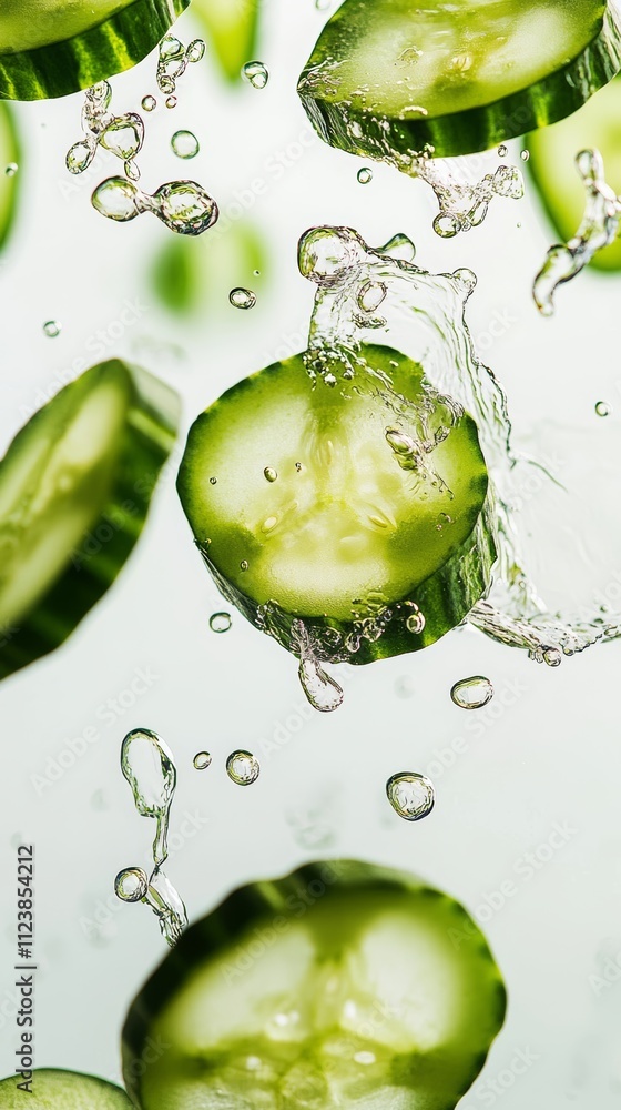 Poster slices of fresh cucumber falling into water with splashes.