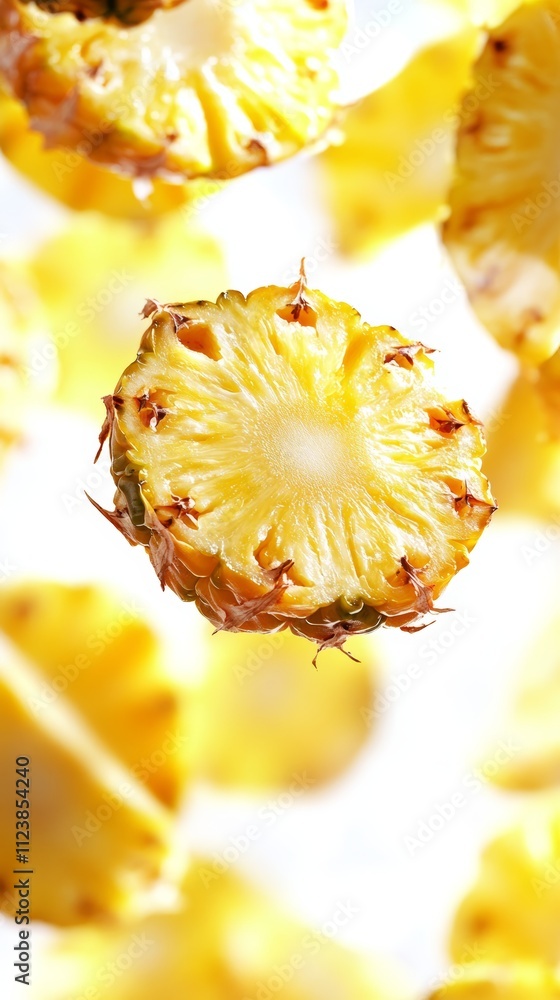 Poster slices of fresh pineapple falling in mid-air, creating a dynamic, abstract image with a white backgr