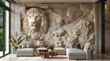 Beautiful Lions 3D Relief Wallpaper, Featuring Majestic Mural Design with Detailed Lion Imagery, Bringing Strength and Elegance to Any Space with a Bold, Artistic Touch